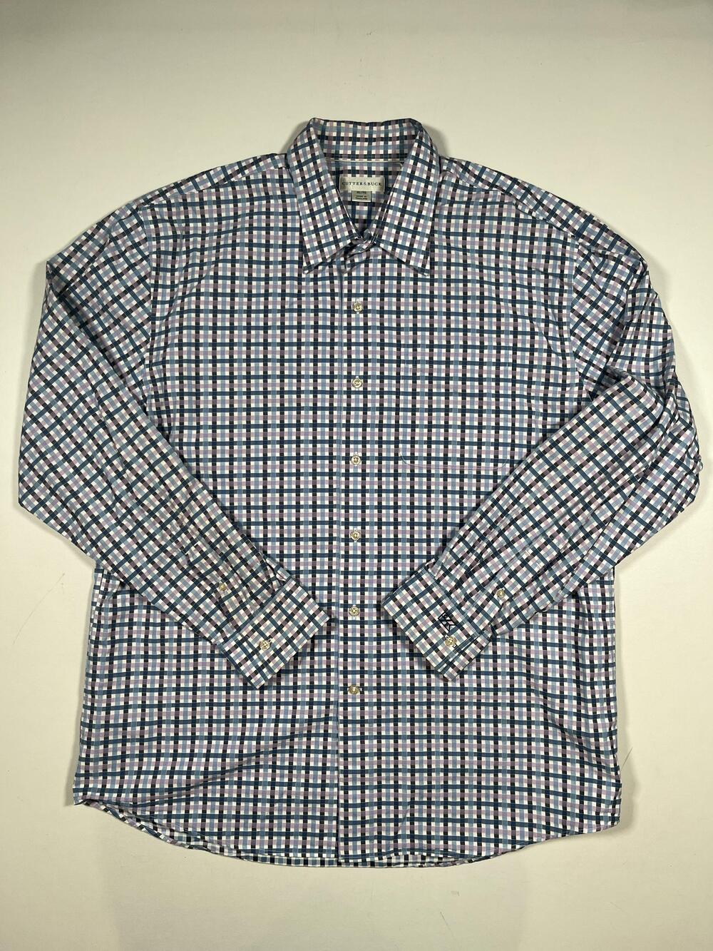Cutter & Buck Shirt Mens XL Blue Purple Check Plaid Button Front Long Sleeve